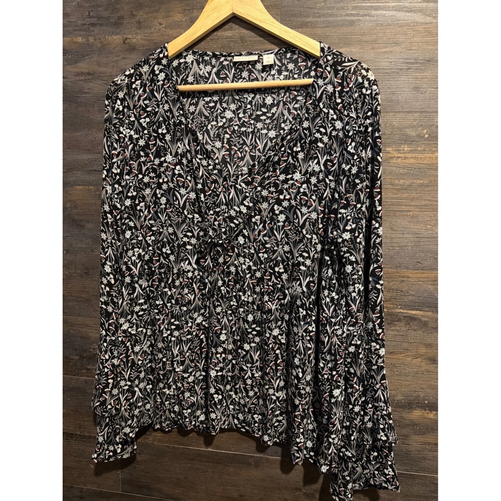 Hinge Womens Black Floral V-Neck Long Sleeve Viscose Blouse Top Size Medium